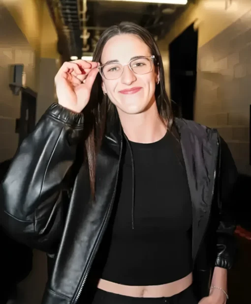 WNBA Playoffs Semifinal 2025 Caitlin Clark Black Leather Jacket in Sale