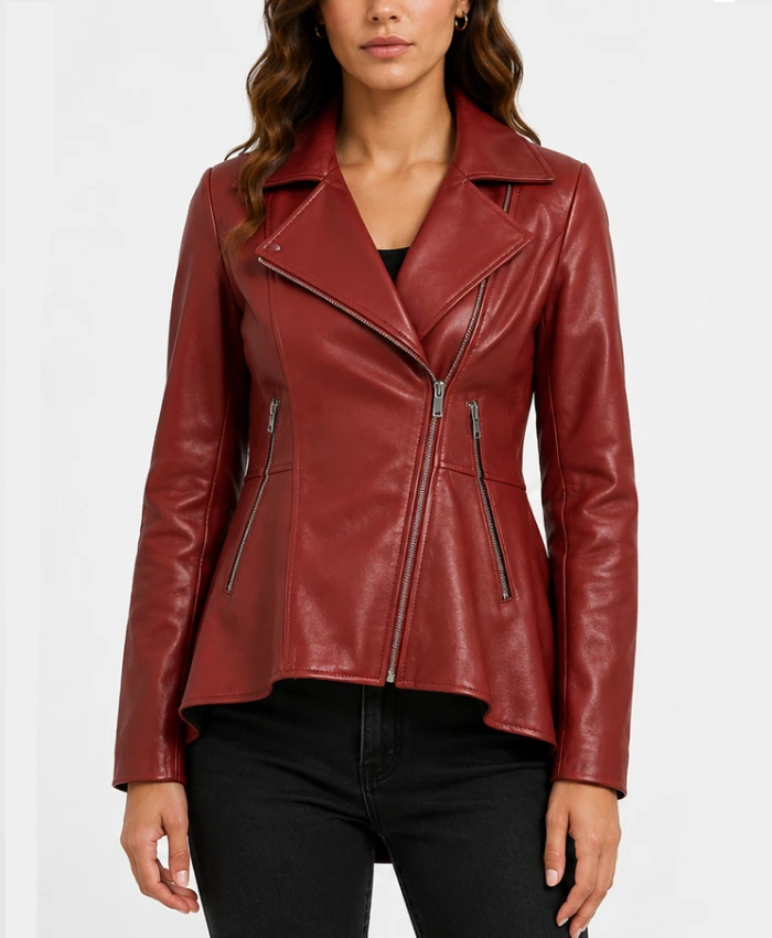 Peplum Red Leather Jacket for Women