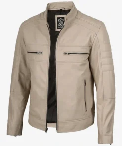Cafe Racer Beige Genuine Leather Jacket