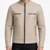 Cafe Racer Beige Genuine Leather Jacket Mens