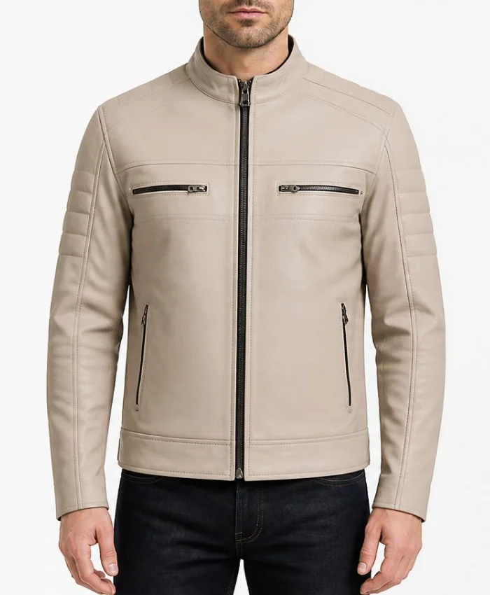 Cafe Racer Beige Genuine Leather Jacket Mens