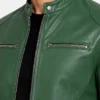 Cafe Racer Dodge Green Leather Jacket Close Up
