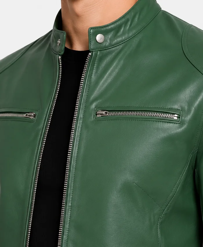 Cafe Racer Dodge Green Leather Jacket Close Up