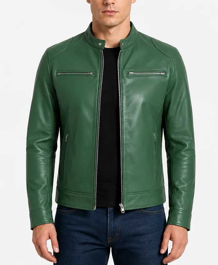 Cafe Racer Dodge Green Leather Jacket For Mens