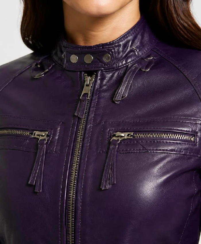 Cafe Racer Purple Quilted Leather Jacket For Women