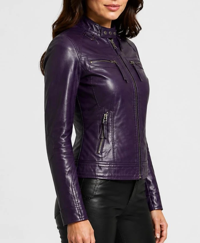 Cafe Racer Purple Quilted Leather Jacket For Womens