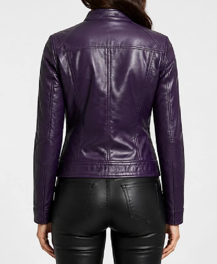 Womens Cafe Racer Purple Quilted Leather Jacket - Image 3