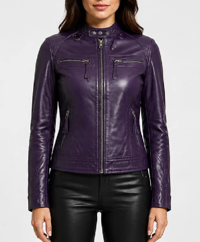 Cafe Racer Purple Quilted Leather Jacket Womens