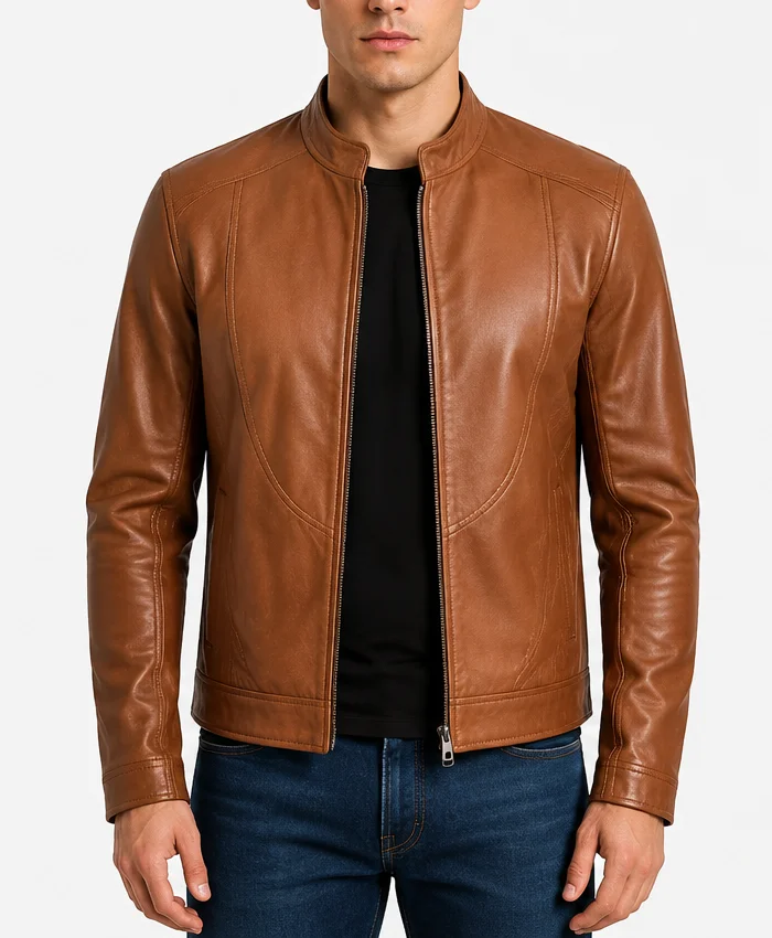 Cafe Racer Tan Leather Jacket For Brown