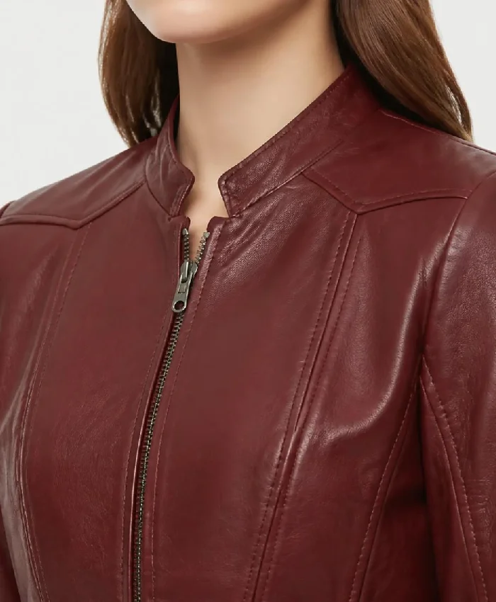 Cafe Racer Women Burgundy Leather Jacket