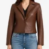 Cognac Brown Cropped Leather Jacket For Women