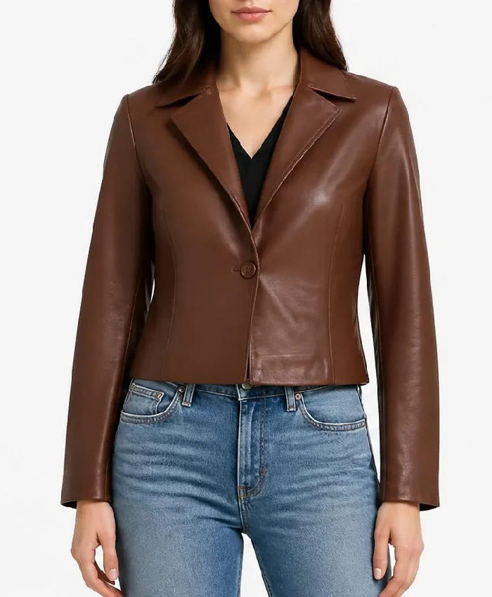 Cognac Brown Cropped Leather Jacket For Women
