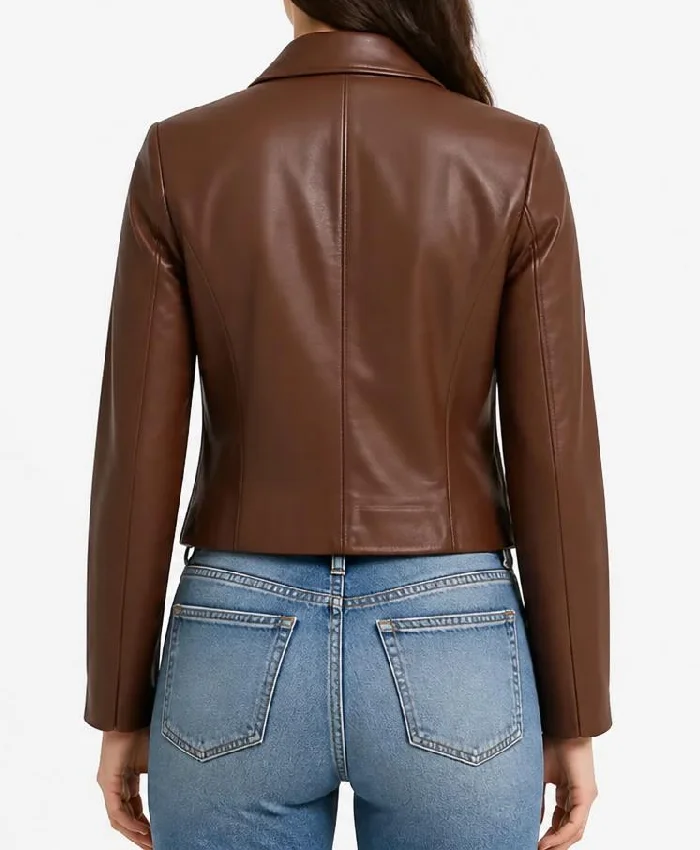 Cognac Brown Cropped Leather Jacket For Womens