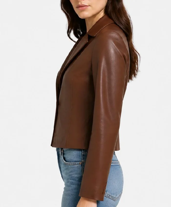 Cognac Brown Cropped Leather Jacket Women