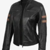 Fashion Black Biker Leather Jacket With Cognac Stripes