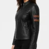Fashion Black Biker Leather Jacket With Cognac Stripes For Women