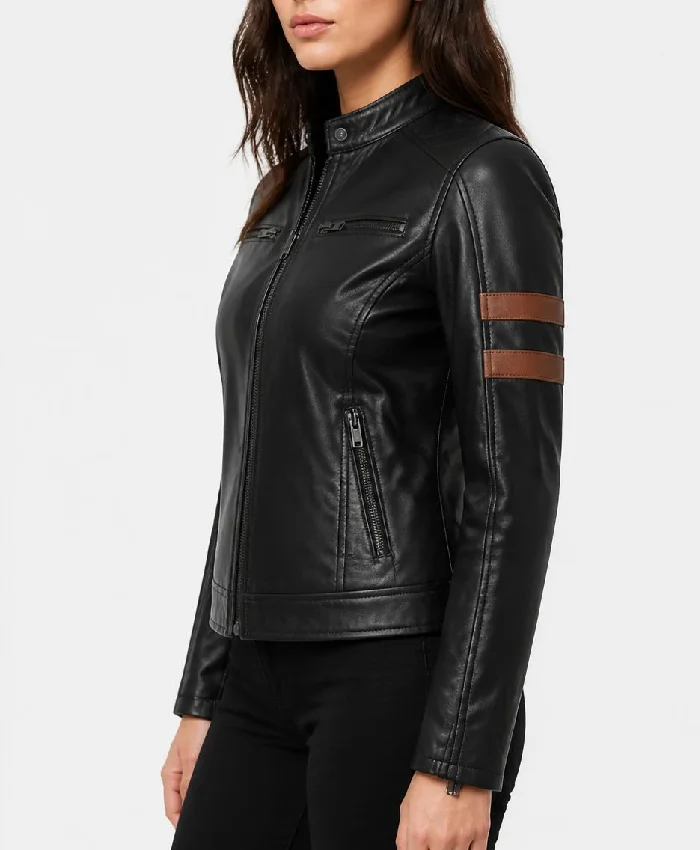 Fashion Black Biker Leather Jacket With Cognac Stripes For Women