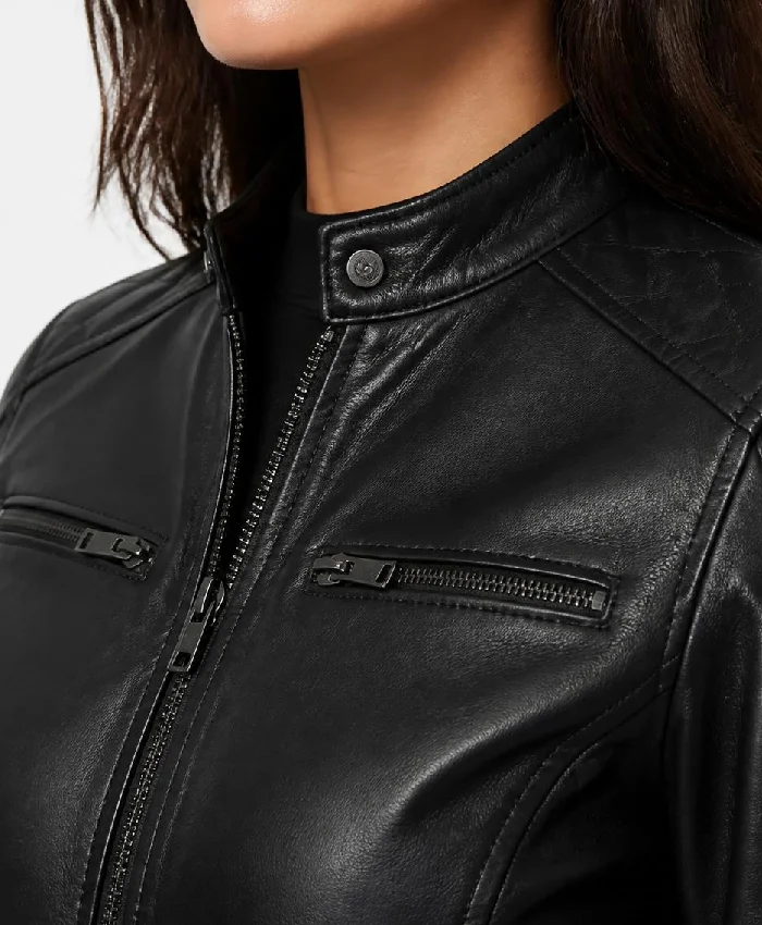 Fashion Black Biker Leather Jacket With Cognac Stripes For Womens