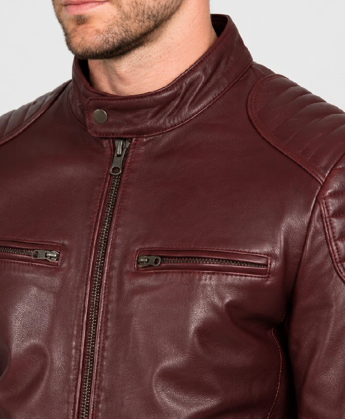 Fashion Waxed Quilted Biker Leather Burgundy Jacket