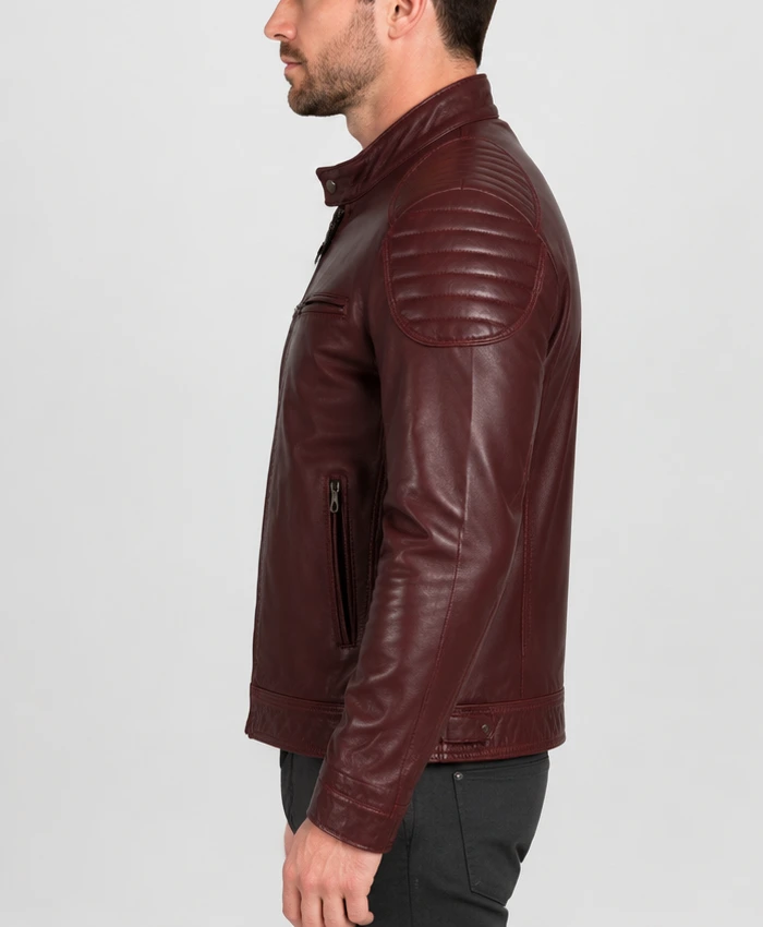 Fashion Waxed Quilted Burgundy Biker Leather Jacket For Mens
