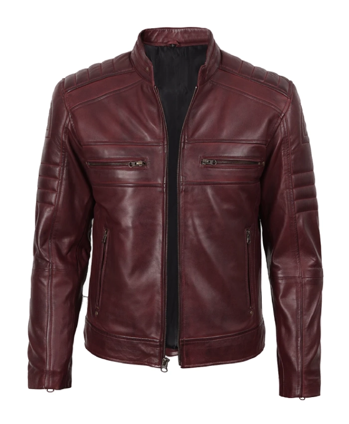 Waxed Quilted Burgundy Biker Leather Jacket