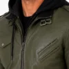 Green Leather Jacket With Removable Hood