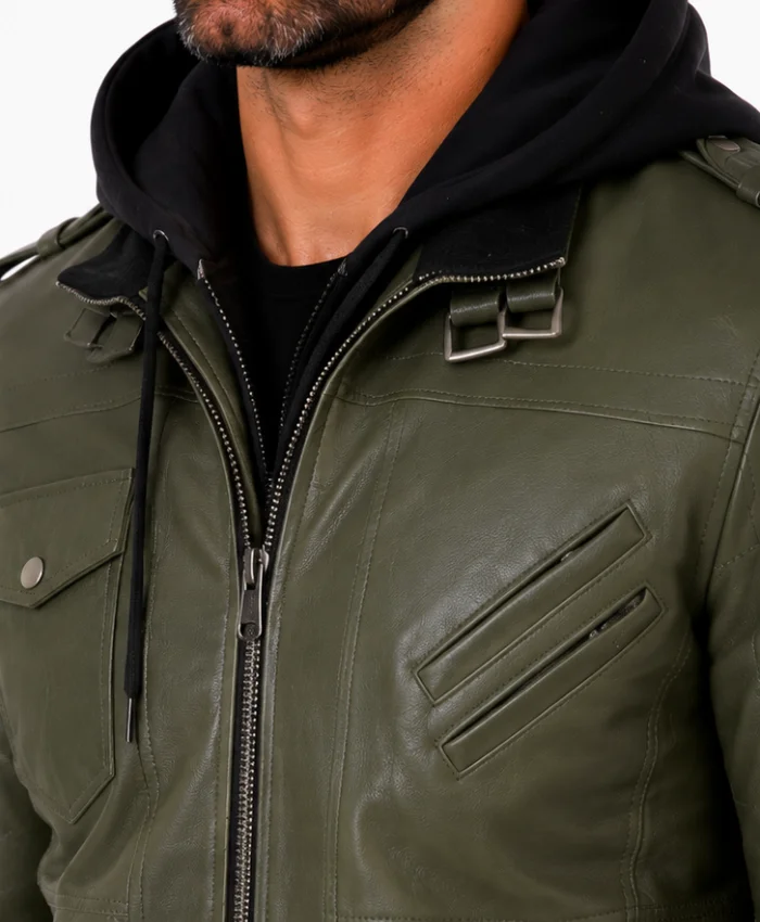 Green Leather Jacket With Removable Hood