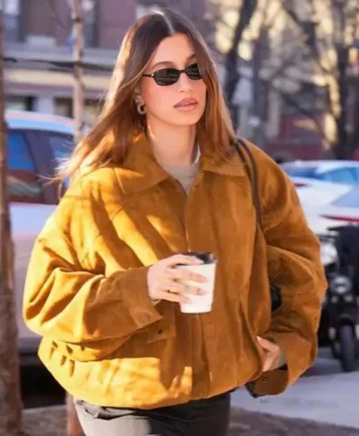 NYC 2025 Hailey Bieber Suede Bomber Jacket