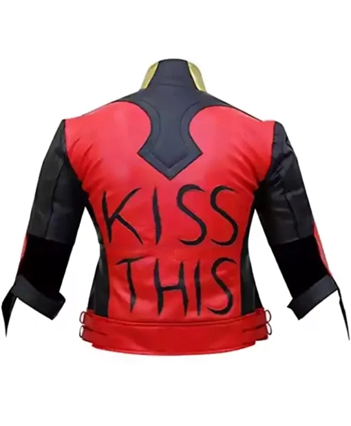 God Among Us Harley Quinn Red Golden Studded Kiss This Cropped Leather Jacket