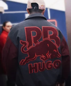 Racer Isack Hadjar HUGO x RB Grey and Maroon Varsity Bomber Jacket
