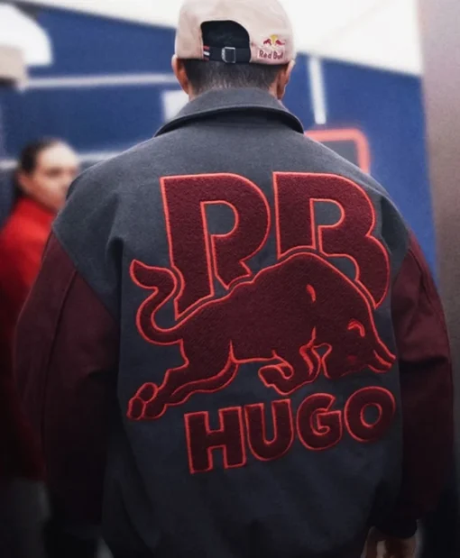 Racer Isack Hadjar HUGO x RB Grey and Maroon Varsity Bomber Jacket