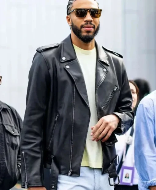New York Fashion Week 2025 Jayson Tatum Black Biker Leather Jacket