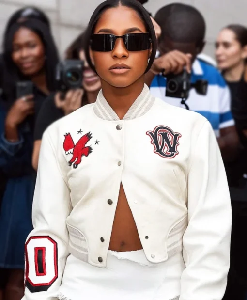 Jordan Chiles Fashion Show Off White Varsity Jacket
