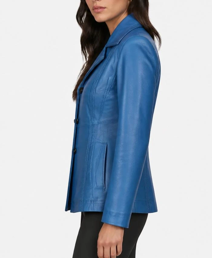 Katie 3-4 Length Car Blue Leather Coat For Women