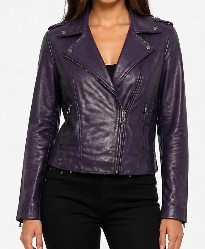 Kirsten Wax Fashion Asymmetrical Biker Leather Purple Jacket