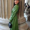 Olivia Munn 2025 LFW Erdem Show Green Long Leather Trench Coat