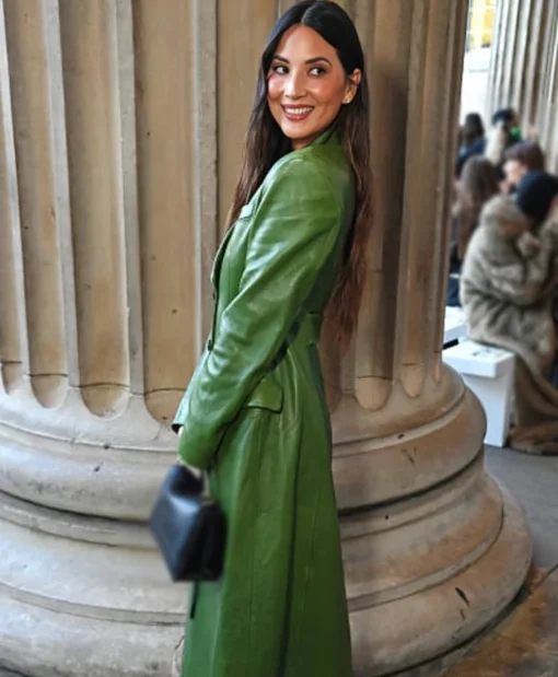Olivia Munn 2025 LFW Erdem Show Green Long Leather Trench Coat