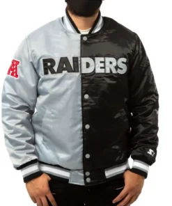 Las Vegas Raiders Black and Grey Satin Varsity Jacket