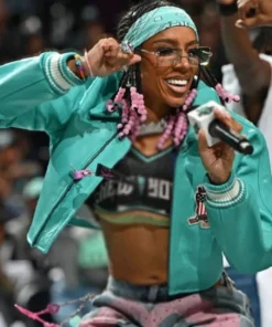Lil Mama WNBA Playoffs Crop Teal Leather Jacket