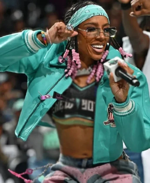 Lil Mama WNBA Playoffs Crop Teal Leather Jacket