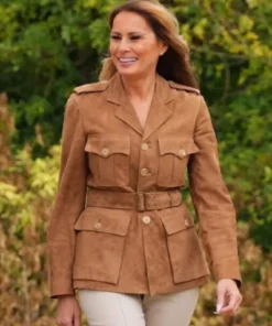 First Lady Melania Trump Belted Brown Suede Leather Jacket