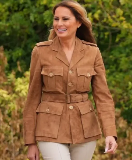 First Lady Melania Trump Belted Brown Suede Leather Jacket