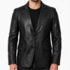 Two Button Notch Lapel Black Leather Blazer for Men