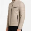 Mens Cafe Racer Beige Genuine Leather Jacket
