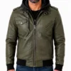 Military Green Leather Jacket With Removable Hood