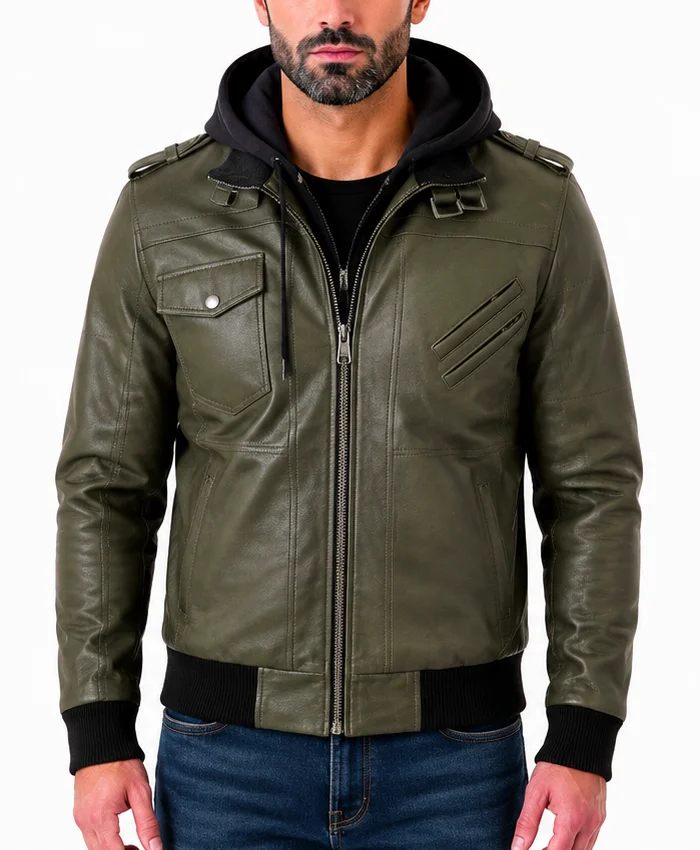 Military Green Leather Jacket With Removable Hood