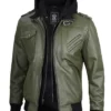 Military Green Leather Jacket With Removable Hood