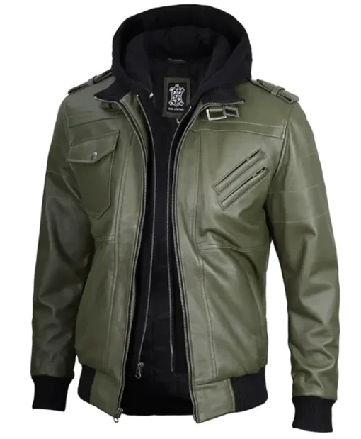 Military Green Leather Jacket With Removable Hood