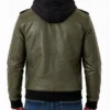 Military Green Leather Removable Hood Jacket