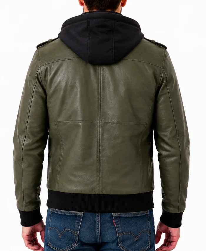 Military Green Leather Removable Hood Jacket